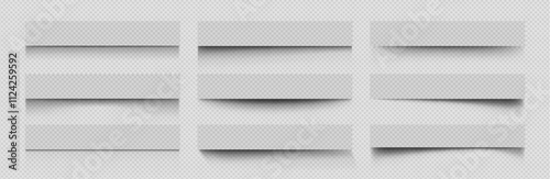 Rectangular soft shadows effect on transparent background. Black simple blur line design for paper like elements. Realistic 3d vector illustration set of straight linear shading shape overlays.