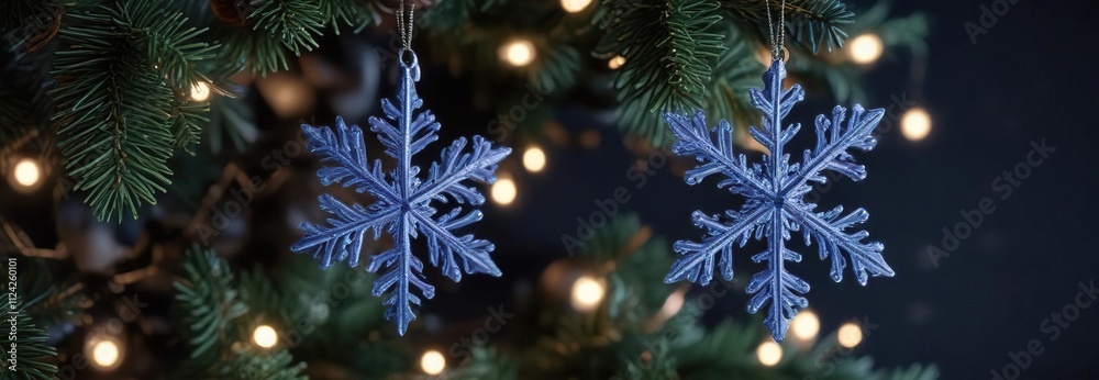 Fototapeta premium A delicate snowflake gently falls onto a dark blue Christmas tree with ornaments and lights, snowflake, frosty details