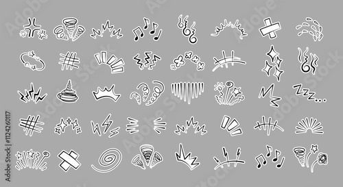 Manga or anime comic emoticon element graphic effects hand drawn doodle vector illustration set isolated on gray background. Sticker style manga doodle line expression scribble anime mark collection.