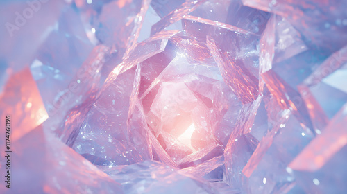 Abstract pastel pink and purple crystal tunnel with glowing light at the center, evoking a dreamy and futuristic atmosphere.
