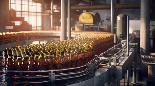 Industrial Beverage Production Line with Bottles in a Factory