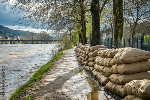 Flood barriers Moselle River in Trier inundated trees and pathways rising water climate change photo