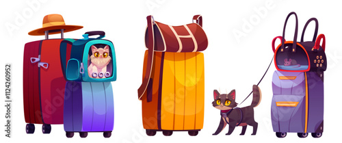 Cat travel in carrier. Pet journey in bag isolated vector. Animal character on passenger luggage icon in vacation trip on airplane or car. Cute tourist companion with baggage and hat ready for holiday