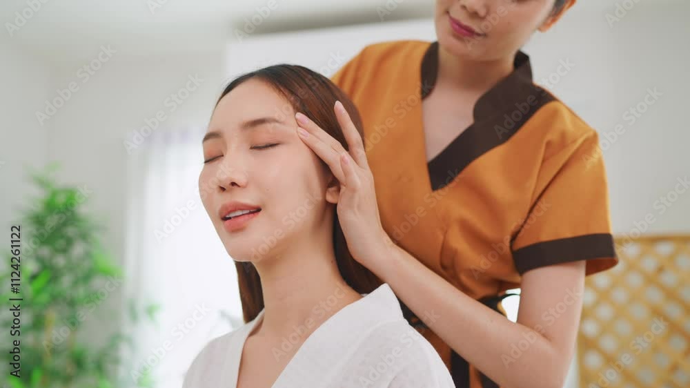 Asian beautiful woman getting shoulder and head massage at beauty spa. Asian beautiful woman getting shoulder and head massage at beauty spa.
