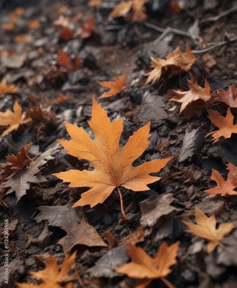 A single oak leaf burning steadily amidst a mound of dry brown leaves and glowing hot ashes , dry leaves, fading light A single oak leaf burning steadily amidst a mound of dry brown leaves and glowing hot ashes , dry leaves, fading light