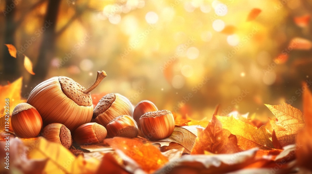 Fototapeta premium Hazelnuts rest on autumn leaves, bokeh background