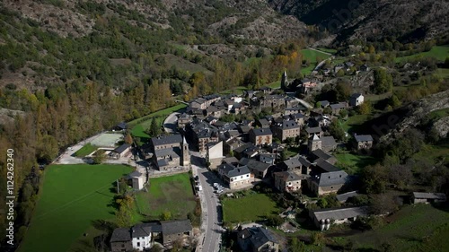 Small town in the Pyrenees of Andorra and Catalonia in Autmn. High quality 4k drone footage