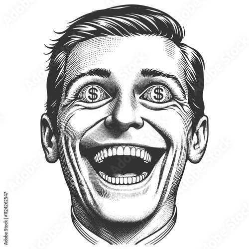 man with excited expression and dollar signs in his eyes, symbolizing greed or financial ambition sketch engraving generative ai vector illustration. Scratch board imitation. Black and white image.