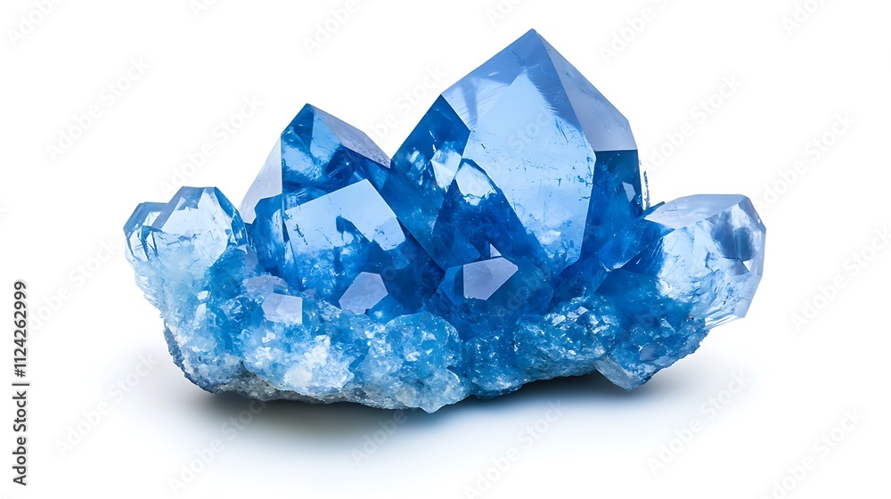 A cluster of bright blue crystals, faceted and translucent, on a white background.
A cluster of bright blue crystals, faceted and translucent, on a white background.