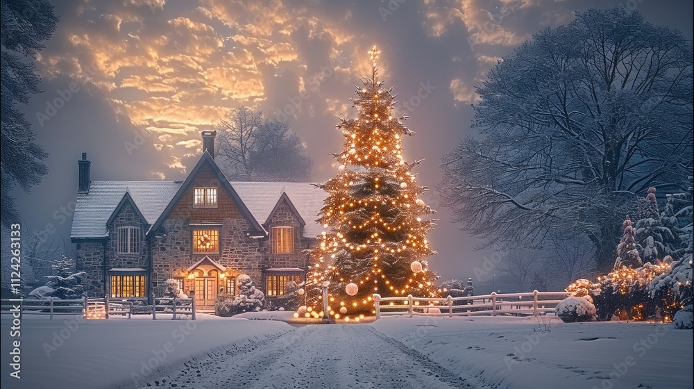 A large Christmas tree light up in front of a traditional home with a snowy backdrop. A large Christmas tree light up in front of a traditional home with a snowy backdrop.