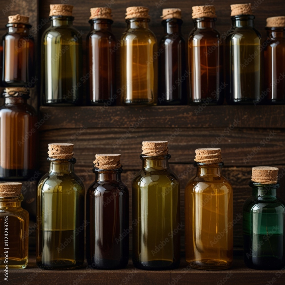 A collection of essential oil bottles in various colors rests on a wooden surface, surrounded by fresh flowers, exuding natural beauty and aromatic bliss. 