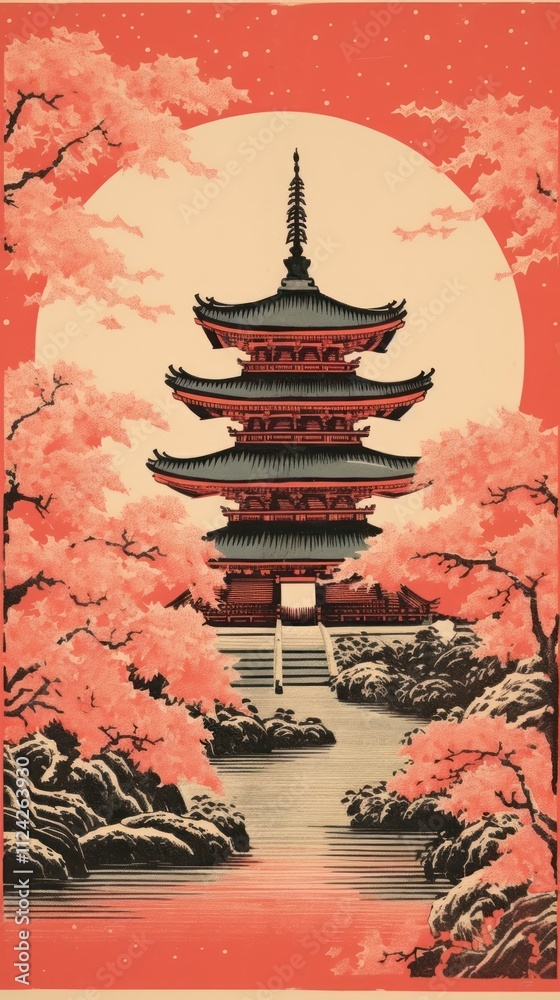 Obraz premium Japanese wood block print illustration of shrine architecture building pagoda.
