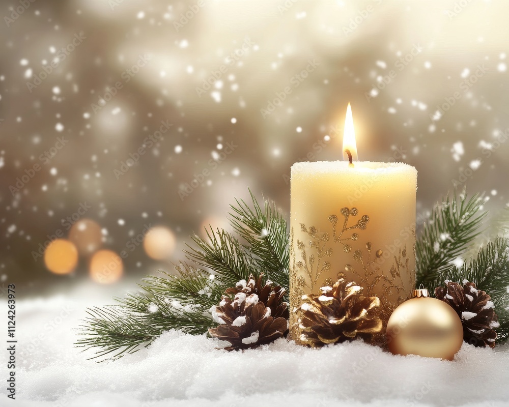 Lit candle adorned with pine, snow, and ornament in winter wonderland background