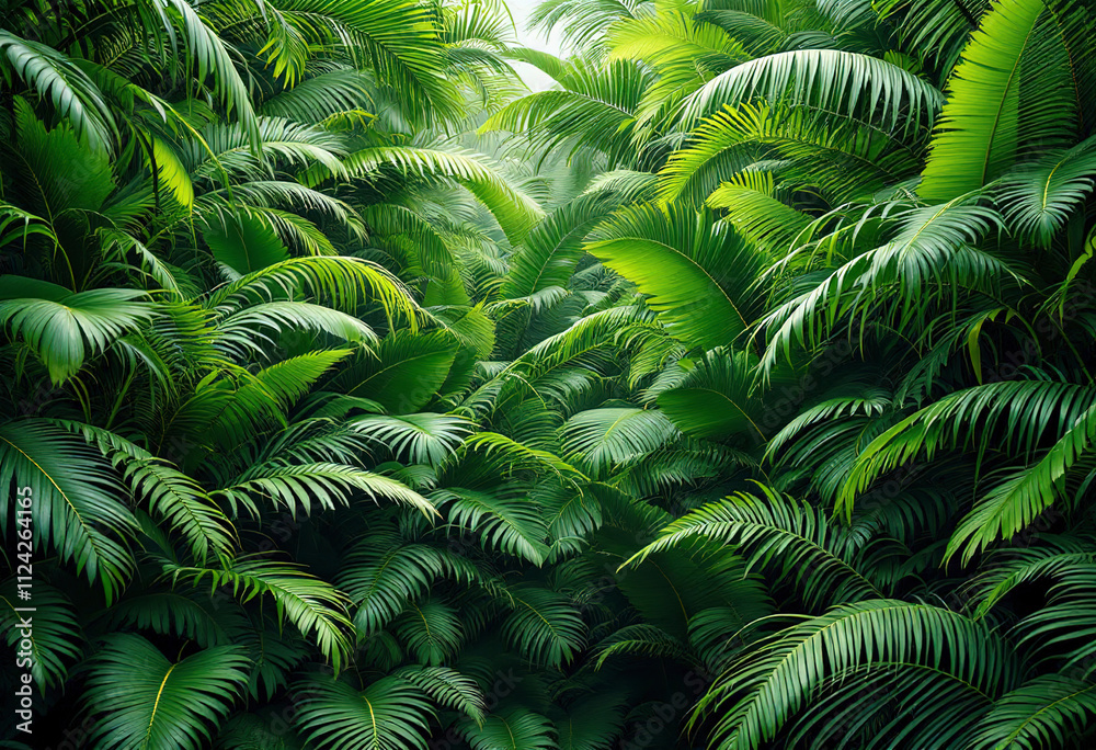 Fototapeta premium A dense, lush tropical jungle with large green leaves and fronds of various shapes and sizes filling the frame