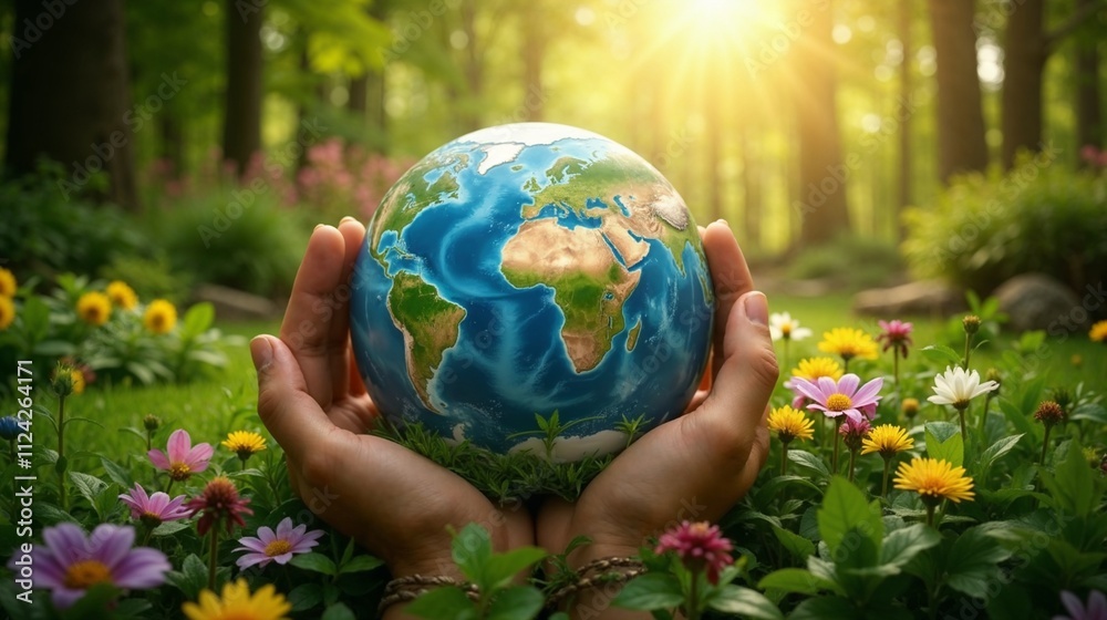 Photorealistic Earth held in hands with peaceful and symbolic mood, surrounded by vibrant greenery and flowers, glowing aura of sunlight