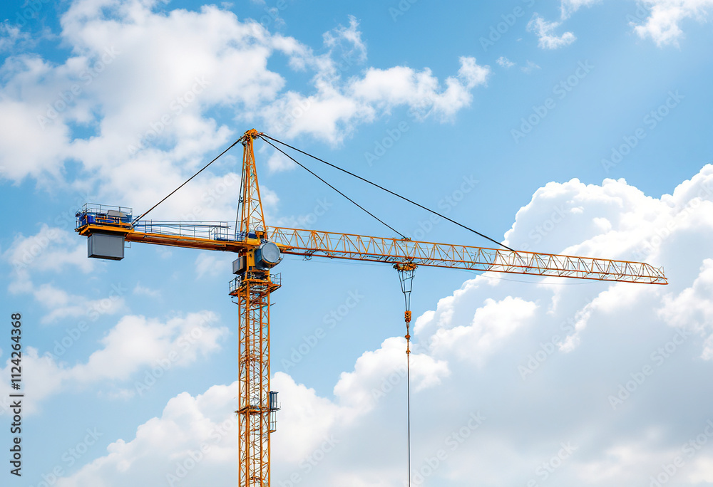 A large yellow construction crane against a blue sky with some clouds A large yellow construction crane against a blue sky with some clouds
