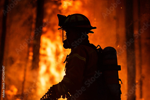 bombero trabajando en un gran incendio provocado por la sequía en un bosque