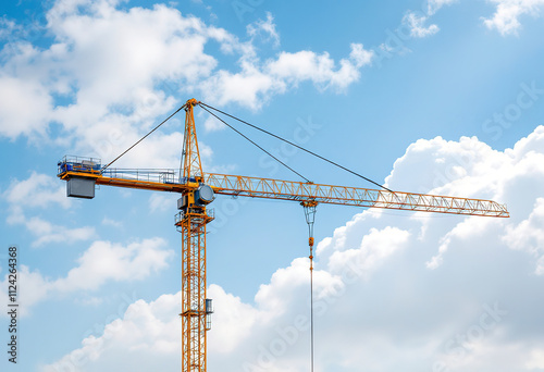 A large yellow construction crane against a blue sky with some clouds