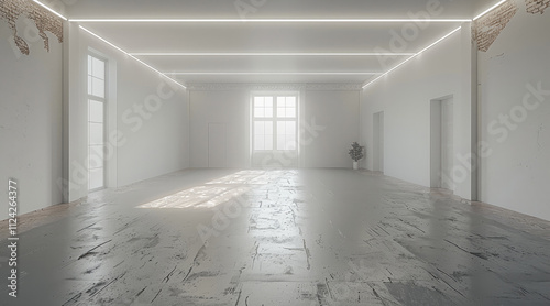 A sterile, white, empty room with smooth walls, floor, and ceiling, slightly worn in places. The space is completely devoid of furniture or decoration.