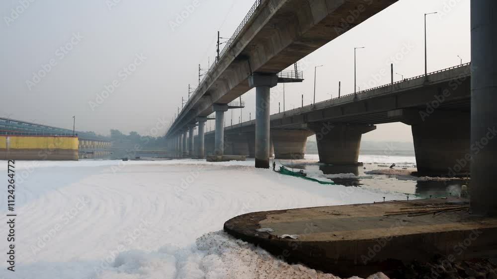 polluted river with industrial and domestic effluents toxic foam and road bridge at morning