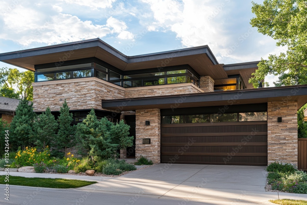 House exterior featuring shrubs brown stone cladding and a garage House exterior featuring shrubs brown stone cladding and a garage
