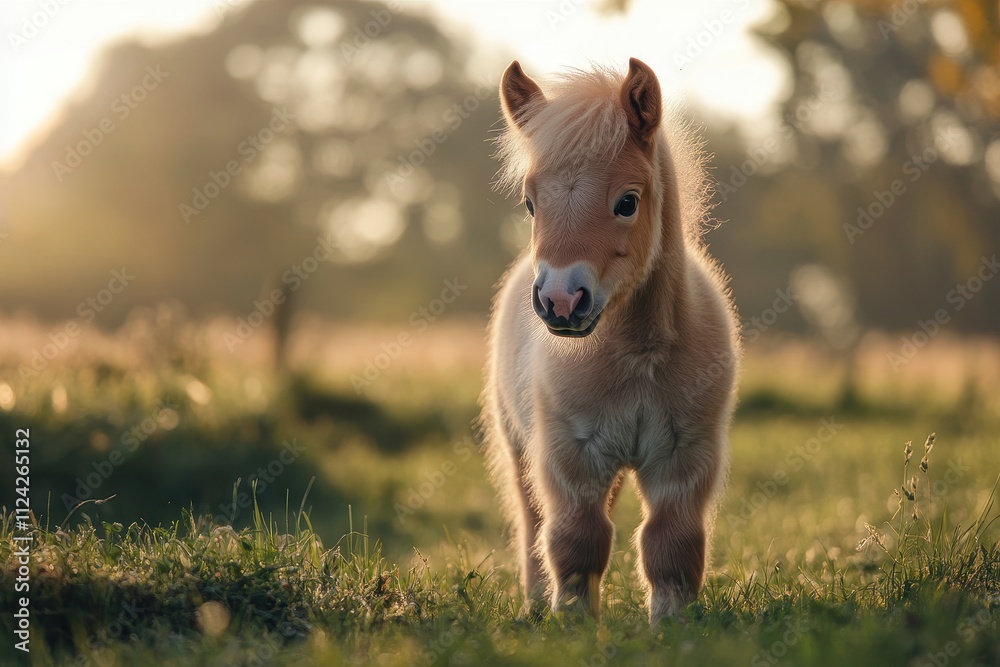 Fototapeta premium Image of an adorable Shetland pony foal in springtime on a field
