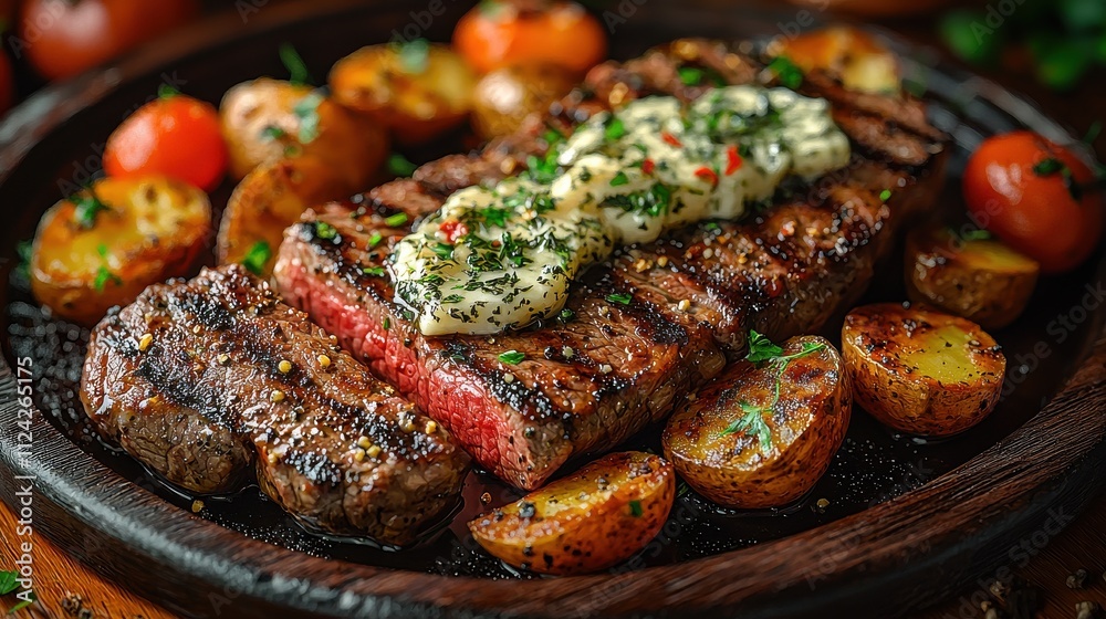 Sizzling beef steak with herb butter served on hot plate gourmet kitchen food rustic setting close-up culinary art Sizzling beef steak with herb butter served on hot plate gourmet kitchen food rustic setting close-up culinary art
