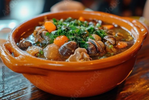 Image of Batam s seafood menu featuring boiled snail GONG GONG in an orange bowl on wood photo