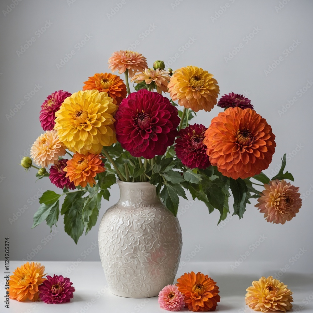 A bright mix of zinnias and dahlias in a ceramic vase on a white background. A bright mix of zinnias and dahlias in a ceramic vase on a white background.