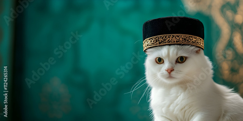a white islamic cat with a muslim cap, luxurious gold and green, blurred background photo