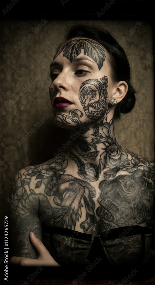 Tattooed female with intricate dark designs on face and neck Tattooed female with intricate dark designs on face and neck