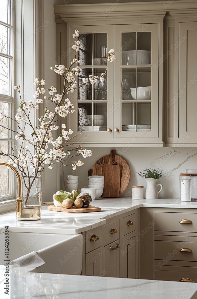 Rustic, modern kitchen with light beige cabinets, marble countertop, white sink, and spring blossoms.