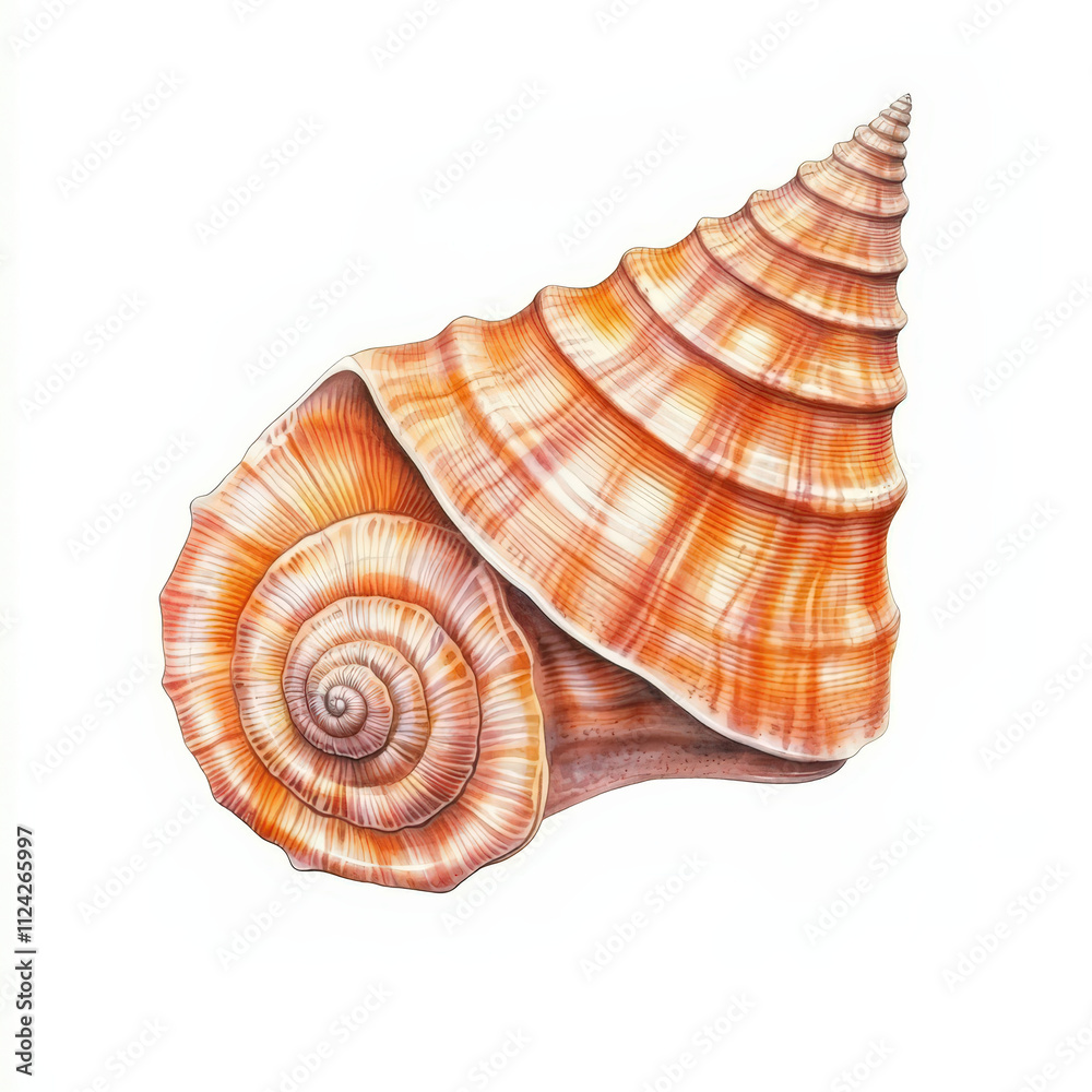 Obraz premium Beautiful watercolor of wentletrap shell, showcasing intricate patterns and warm orange hues. This artwork captures delicate beauty of marine life