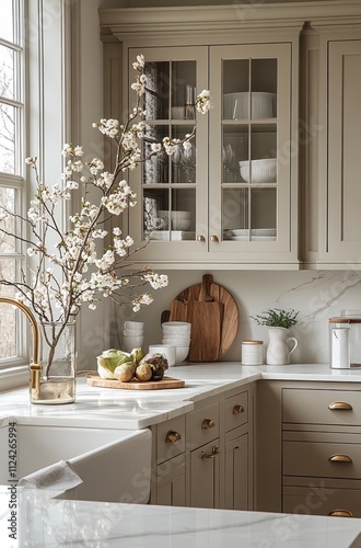 Obraz na płótnie Rustic, modern kitchen with light beige cabinets, marble countertop, white sink, and spring blossoms. w salonie