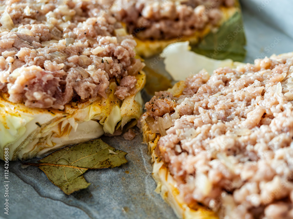 Minced meat casserole layered with cabbage cooked in a pan Minced meat casserole layered with cabbage cooked in a pan