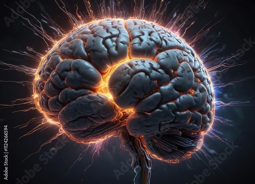 glowing brain with intricate circuitry resembling a powerful explosion in a dark background, neural pathway, high voltage photo