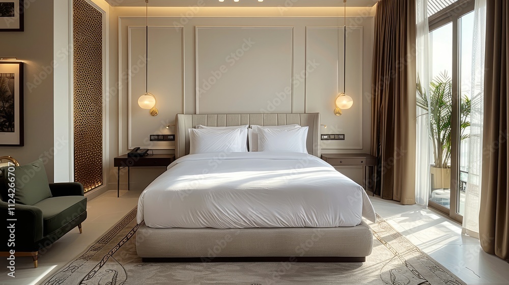 Fototapeta premium A luxurious hotel bedroom blending contemporary design with traditional elements.