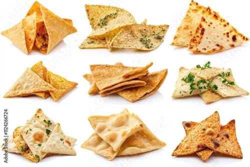 Isolated collage of crunchy pita chips and tortillas with herbs spices and Mediterranean flavors on a white background photo