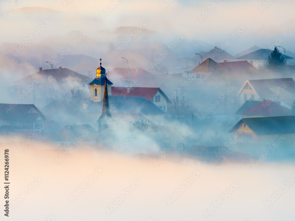 Orthodox church old town landscape with dramatic fog and mist at sunset Orthodox church old town landscape with dramatic fog and mist at sunset