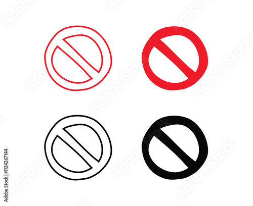 Doodle prohibition signs Set hand drawn style. Flat drawing isolated prohibition sign icons, red and black signs collection. Crossed out circles.