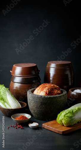 Traditional korean fermentation: kimchi and jangdok with fresh ingredients