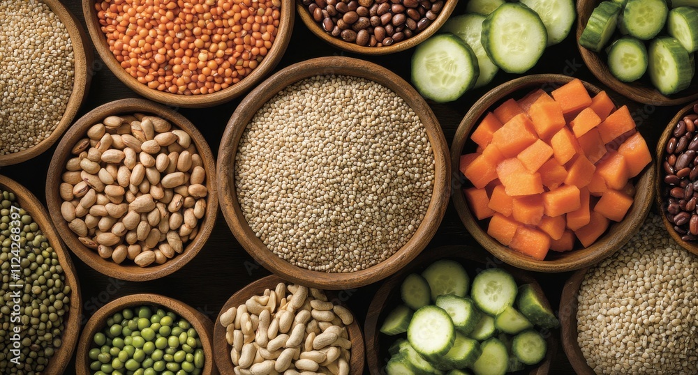 A Colorful Array of Fresh Vegetables and Whole Grains in Wooden Bowls Showcasing Healthy and Nutritious Ingredients Perfect for Cooking and Meal Preparation