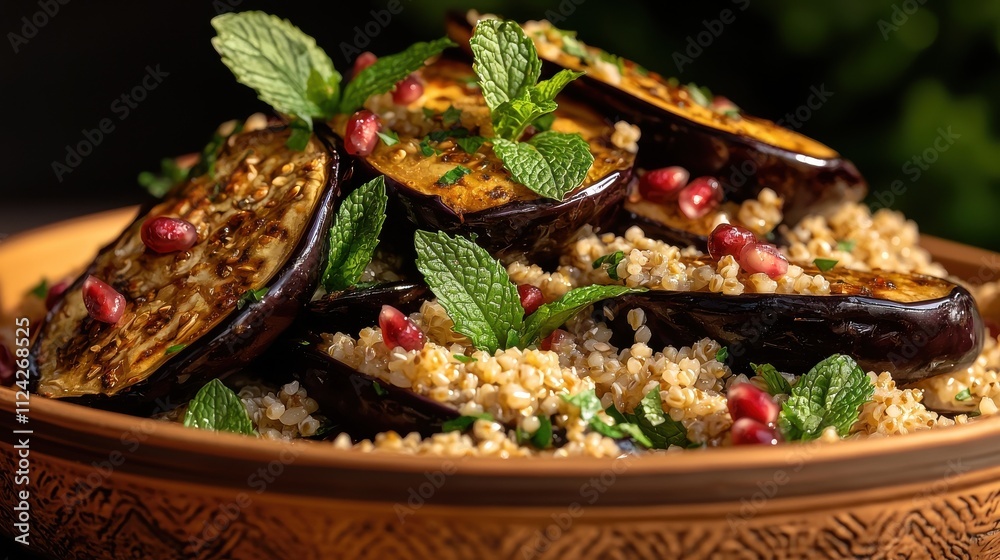 Fototapeta premium Delicious bulgur wheat and roasted eggplant salad with pomegranate outdoor picnic food fresh ingredients close-up view