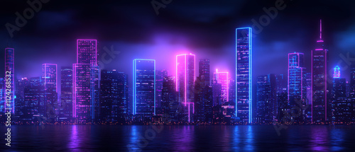 Construction and Technology, A vibrant city skyline illuminated by neon lights reflecting on water at night, showcasing modern architecture.