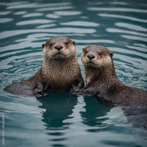A pair of otters holding hands while floating on water.