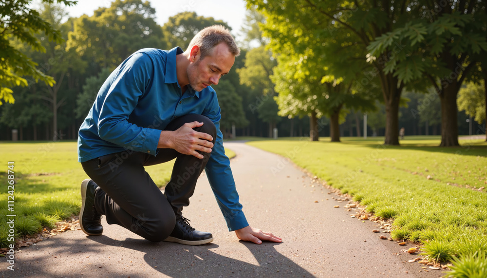 Injured man kneeling on park path holding his knee Injured man kneeling on park path holding his knee