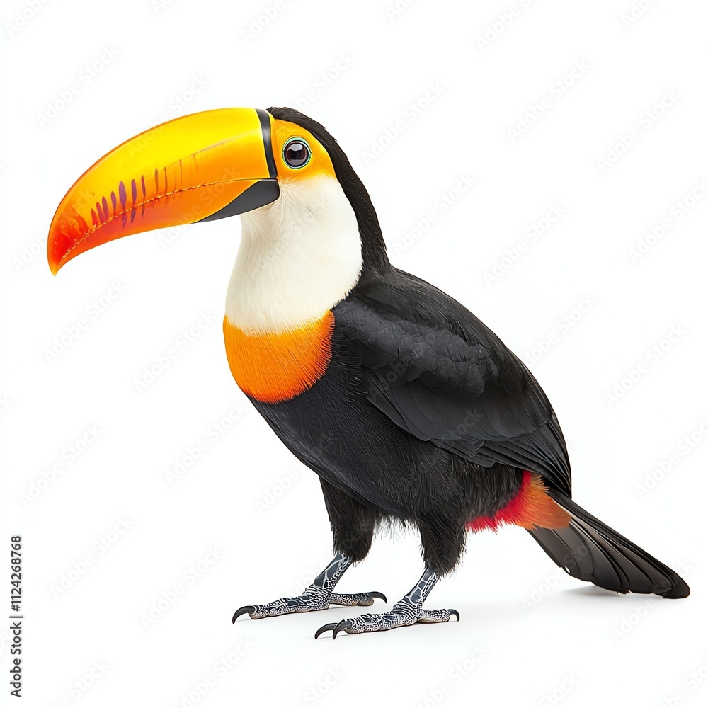 Obraz premium A colorful toucan with a large beak, showcasing vibrant black and orange plumage, stands elegantly against a white background.