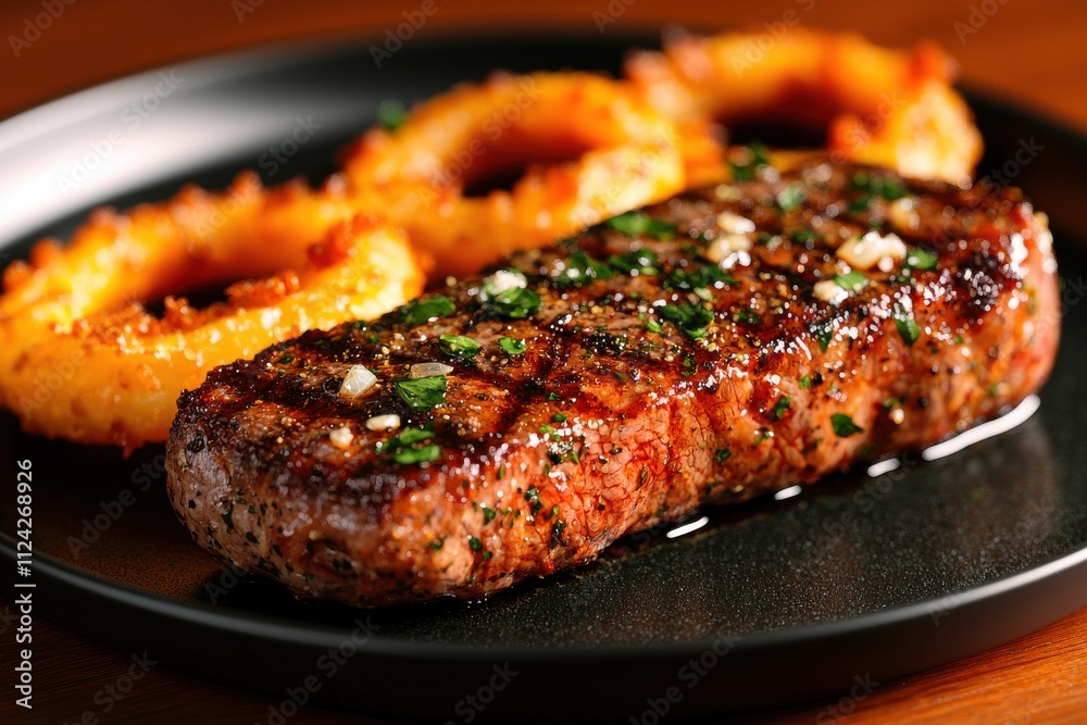 Sizzling hot plate steak with garlic herb crust gourmet restaurant food elegant setting close-up view culinary delight Sizzling hot plate steak with garlic herb crust gourmet restaurant food elegant setting close-up view culinary delight