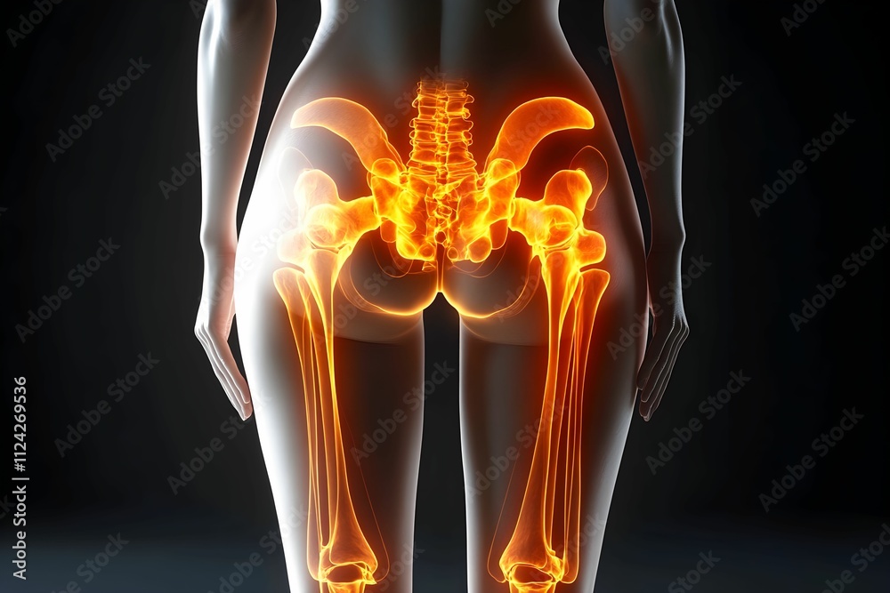 A glowing anatomical illustration of the human pelvis and lower body, highlighting the skeletal structure and musculature.