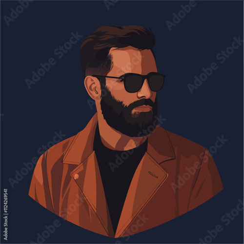 Stylish Bearded Man in Sunglasses and Brown Jacket. Vector Illustration. Minimalist Illustration Vector.